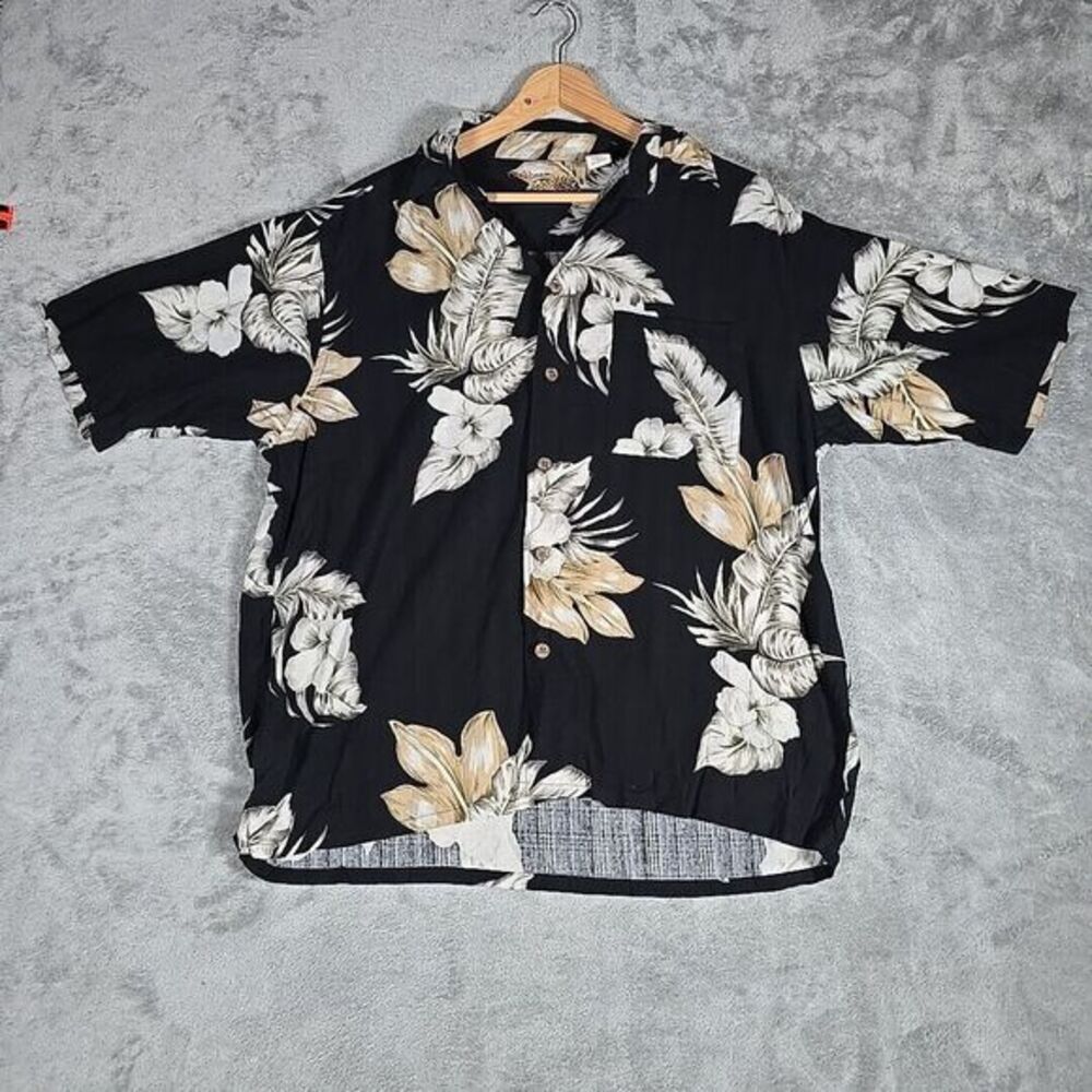 Caribbean Shirt Mens Large Black Floral Print 100% Silk Button Up Beachwear